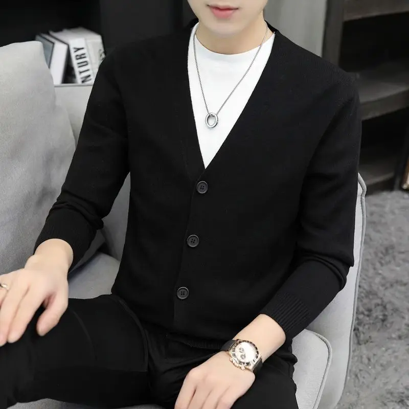 

Осень-зима мужской вязаный свитер Long Sve V-Ne однотонный кардиган повседневный универсальный модный корейский вариант