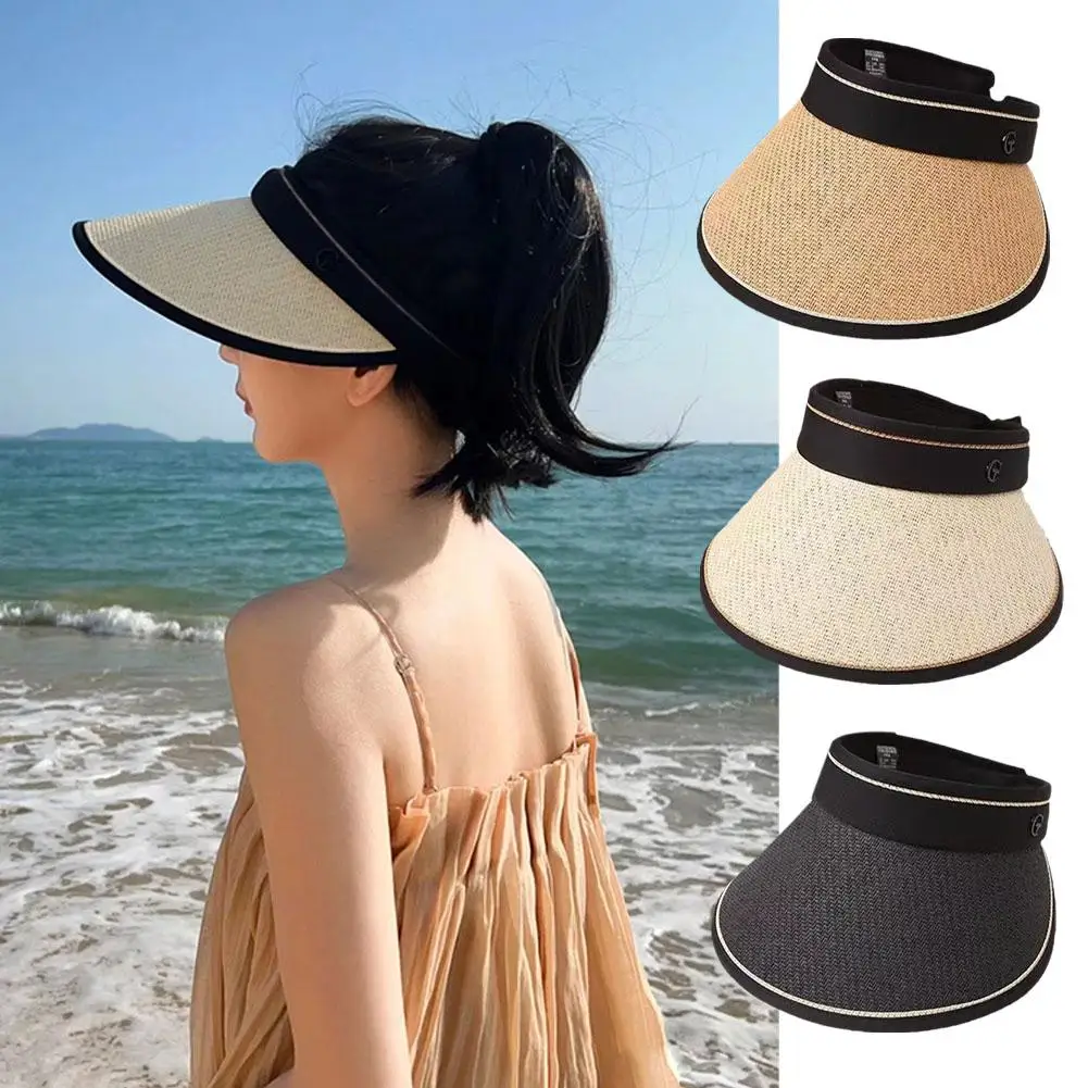 Foldable Shade Hat Summer Empty Top Hat Anti Straw Hat Outdoor Brim Casual Hat Beach Uv Large Cap Visor Women Sha B1o4