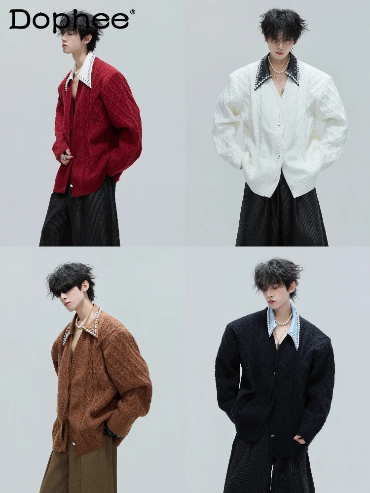 

Men's High-End Light Luxury Faux Two-Piece Sweaters Retro Handmade Pearl Thickened Knitwears Lapel Solid Color Knitted Cardigan