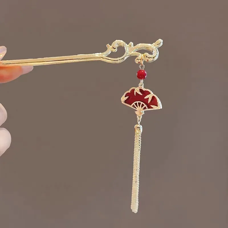 

Элегантная китайская красная заколка для волос в виде веера – золотая шпилька с кисточкой, традиционное украшение Ханьфу для свадьбы и праздников