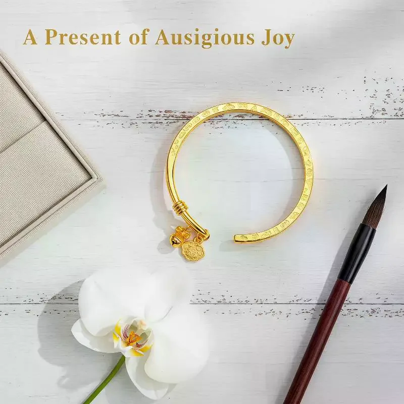 Bow Bell Design Chinese Style Gold Open Bangle Bracelet Luxury Fashion Jewelry for Ladies Daily Work Party Gift