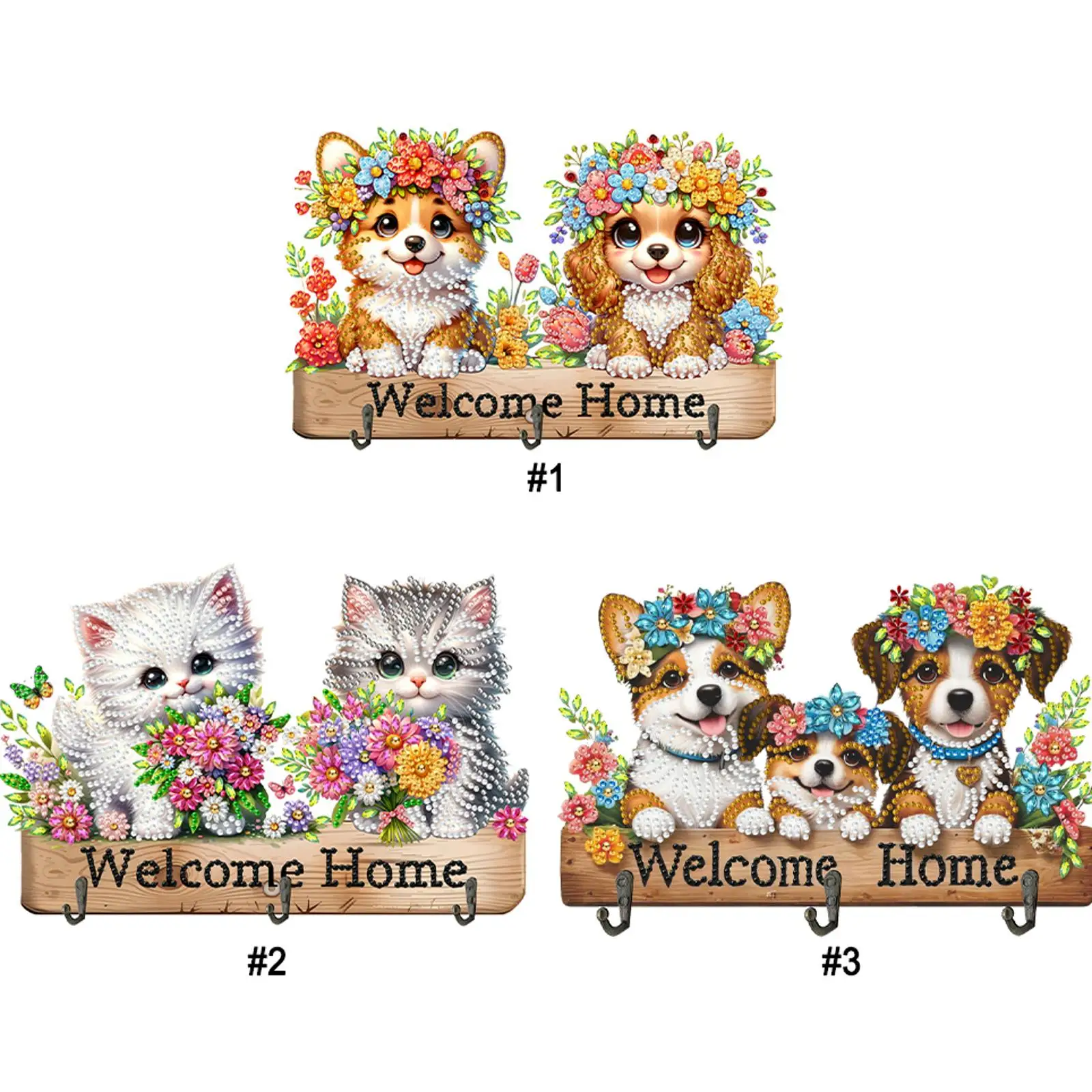 

Dogs Cats Theme Wood DIY Diamond Painting Hooks Home Decor Craft Kit Diamond Painting Art Hooks No Hole Punching Wall Decoration