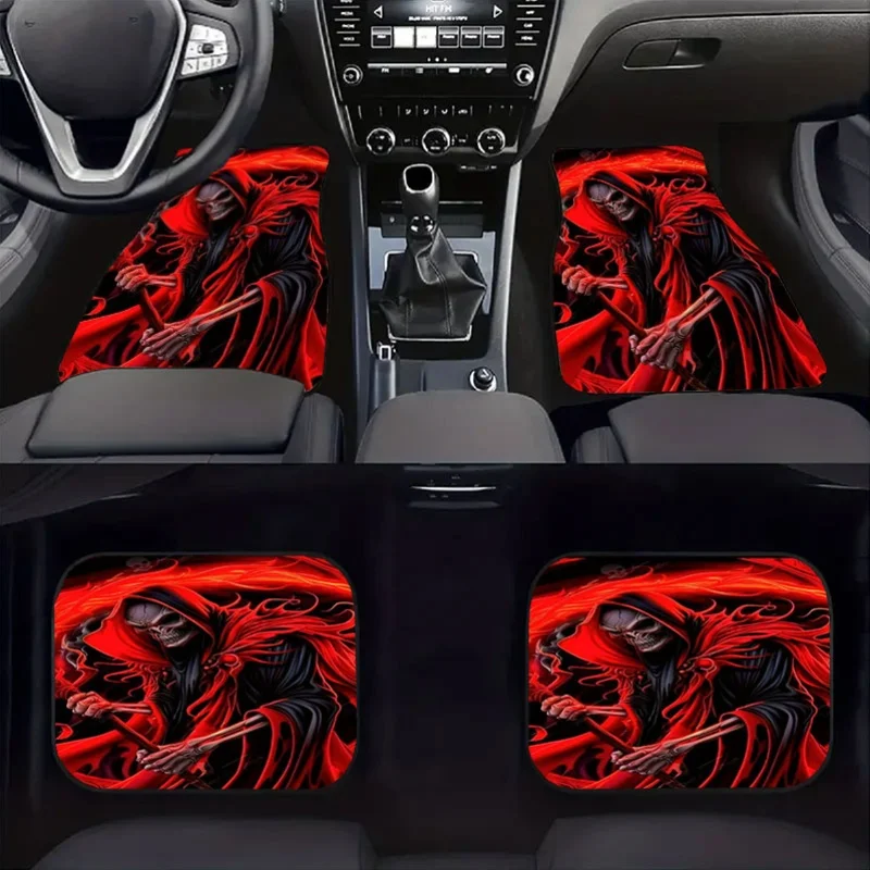 4Pcs Car Floor Mats Red Grim Reaper Graphic Gothic Style For Car Interior Protection.