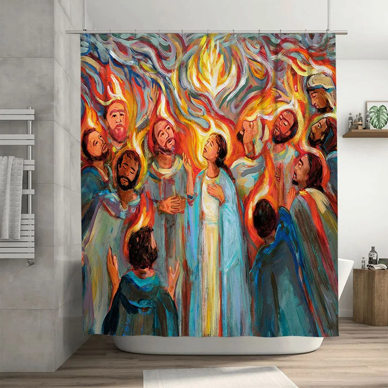 

Abstract Art Shower Curtain with Spiritual Energy Flames Design for Bathroom Decor Blue and Yellow Colors Made in China (Interna