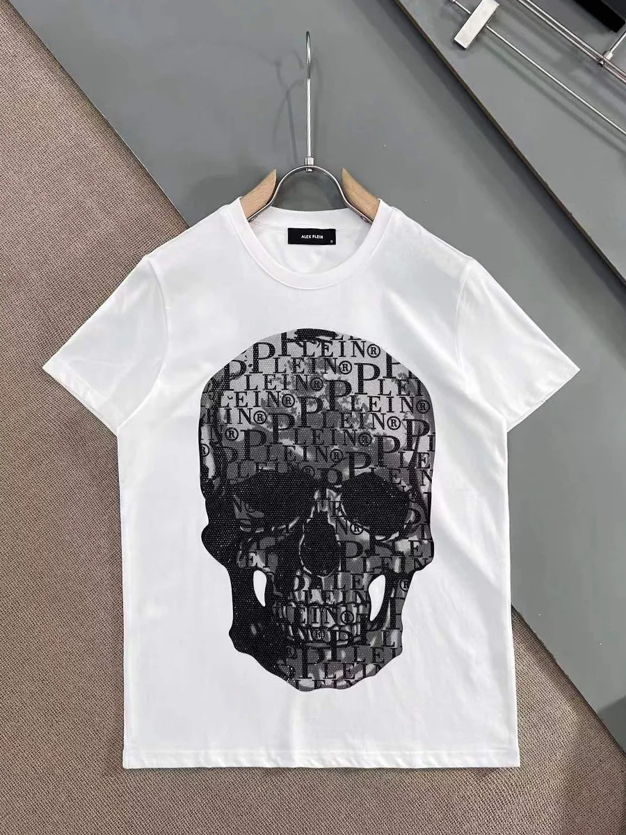 AlexPlein Skulls Rhinestones Diamond Men\'s Fashion Cloth 2022 Summer Slim Fit Streetwear Crew Neck Short Sleeve Tshirt Chic New