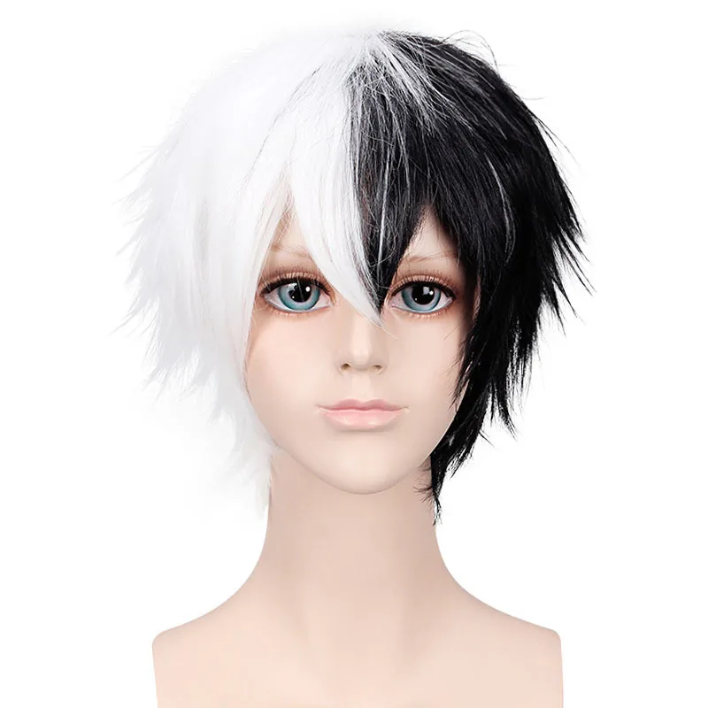 Synthetic Cosplay Wig Gradient Two-Tone Black White Fox-Inspired Spiky Wolf Cut Scalp Top Anime Costume Fiber Hair