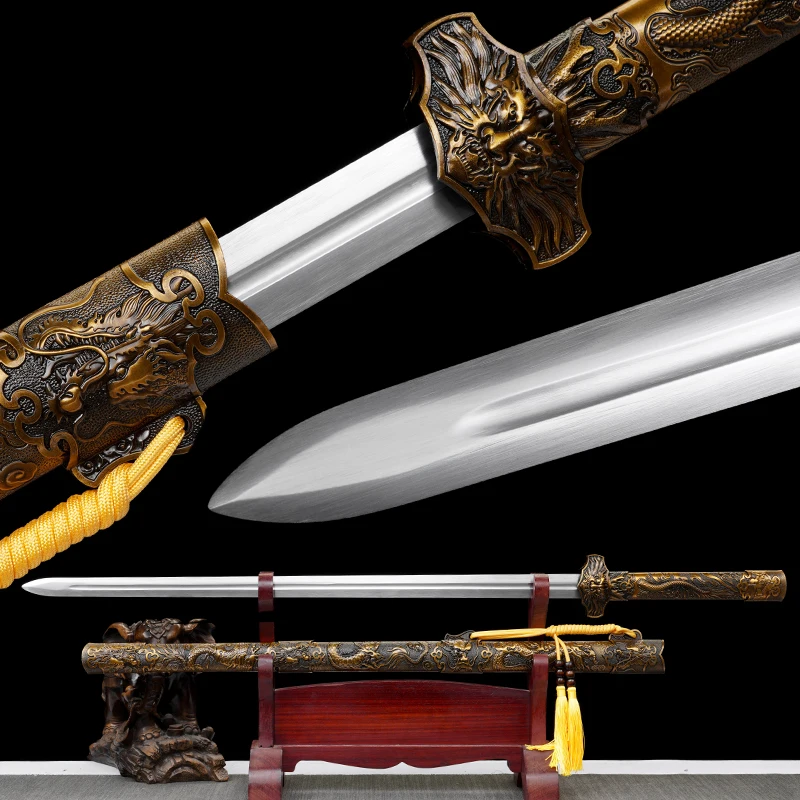 Chinese Tang Jian Battle Staff Sword T10 Steel Blade Sharp Real Handmade Japanese Samurai Swords Metal Dragon Saya Kongfu Katana
