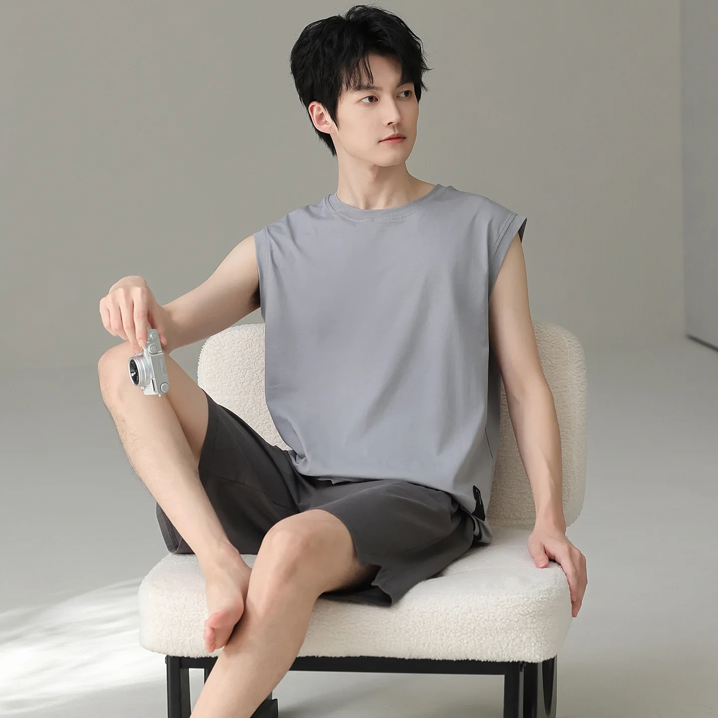 100% Cotton Men's Summer Nightwear Sleeveless Sleeping Top Shorts 2Pcs/set Pajamas Male Simple Homewear Homme Pyjamas Dropship