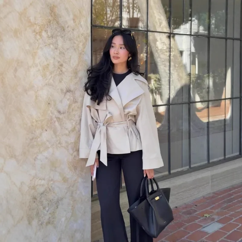 

Женский укороченный плащ, свободный пояс без заусенцев, однотонные повседневные куртки с лацканами и длинными рукавами, весна 2024, новые женские наряды