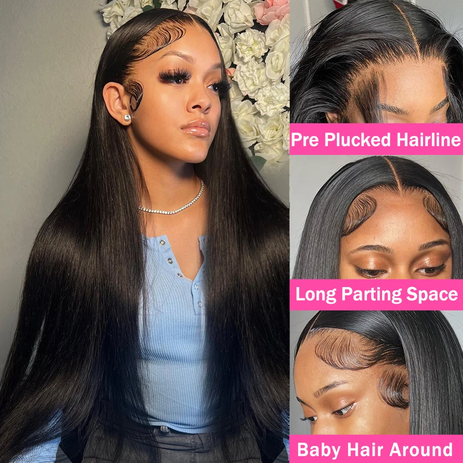 Peluca de cabello humano liso con encaje Frontal para mujeres negras, pelo Remy predespuntado con densidad de 250, 13x4, HD, 14-48 pulgadas