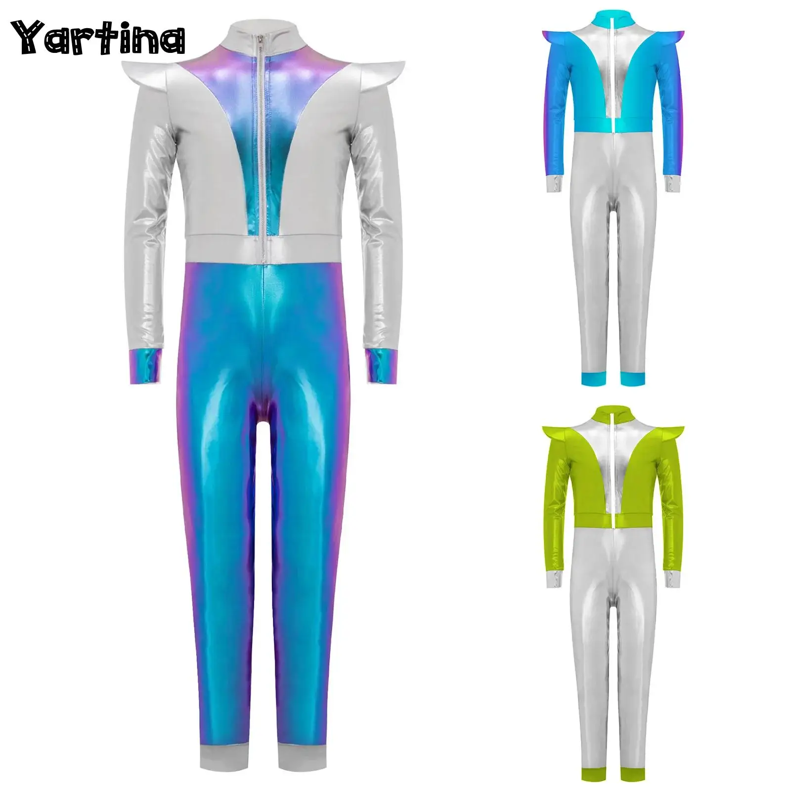 

Костюм космического костюма инопланетянина для девочек, длинное боди на молнии спереди, комбинезон, блестящий металлический космический кадет, милый костюм астронавта