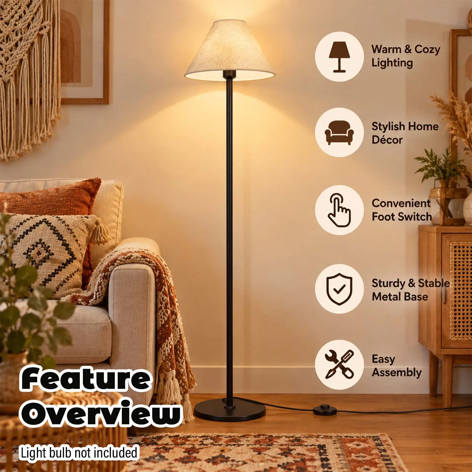 Black Bohemian Floor Lamp, Khaki Tapered Fabric Shade with E26 E27 Socket, for Cozy Boho Living Room Bedroom