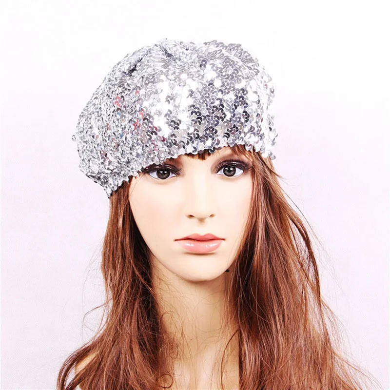 Bonnet à paillettes pour femme, chapeau de béret brillant, fête de carnaval, club, danse, rétro chic, uni