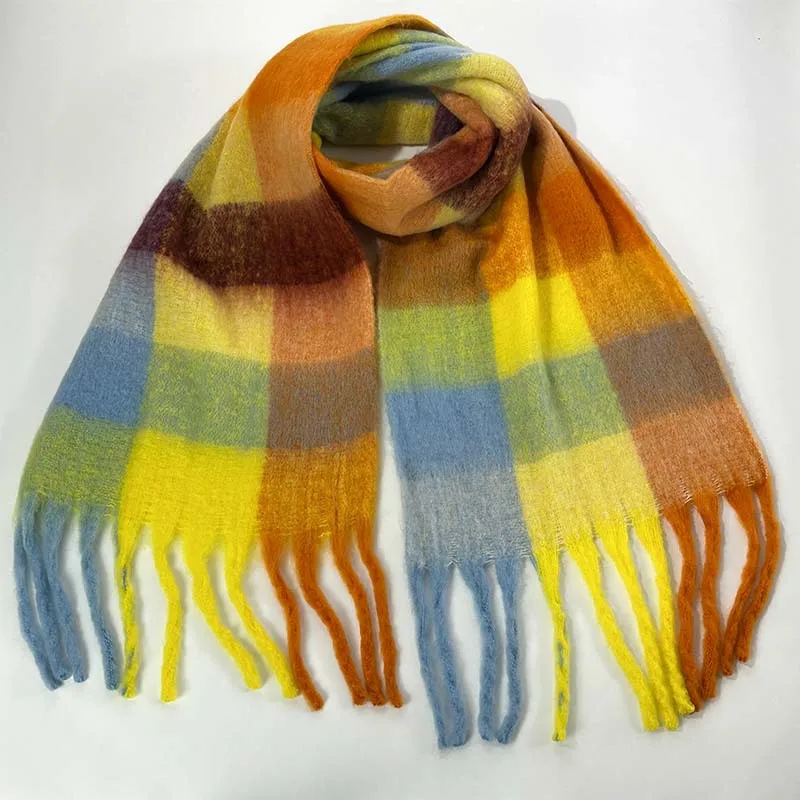 Colorful Scarf For Women 2024 Rainbow Plaid Thickened Warm Scarfs Neck Shawl Fall And Winter Designs