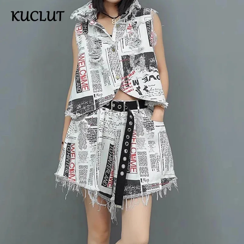 

KUCLUT Fashion Personalized Niche Design Letter Printed Denim Vest For Women Elastic Waist Wide Leg Shorts Female Trendy 1A65