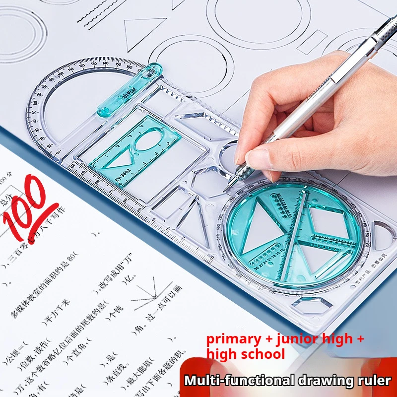 Multifunctional Geometric Function Ruler Mathematics Drawing Template Measuring Tool for Student Primary School Office Supplies