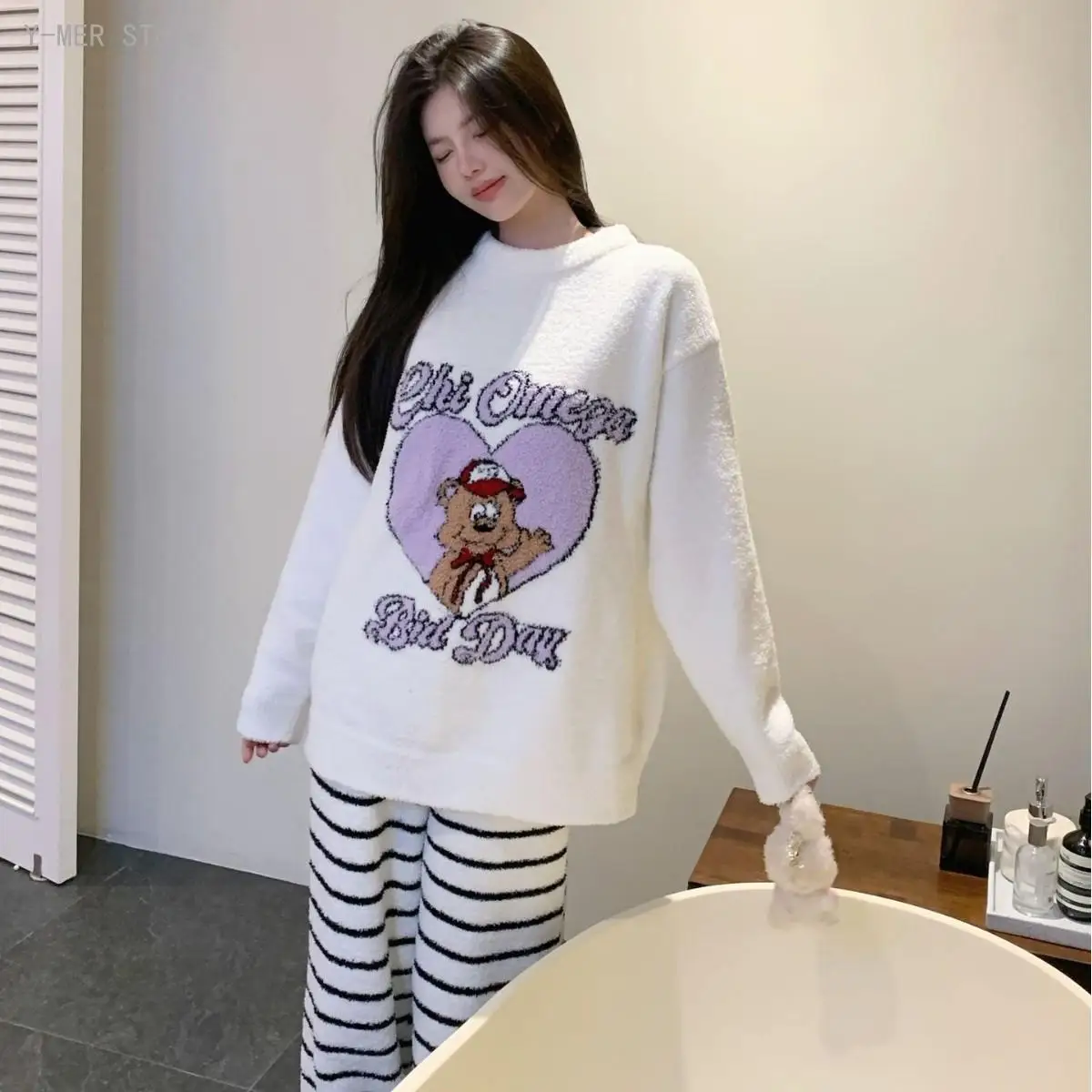 Women Korean Sweet Cartoon Half Sided Fleece Pajama Set Soft Thick Warm Wearable Outside Casual Cozy Loungewear Sleepwear