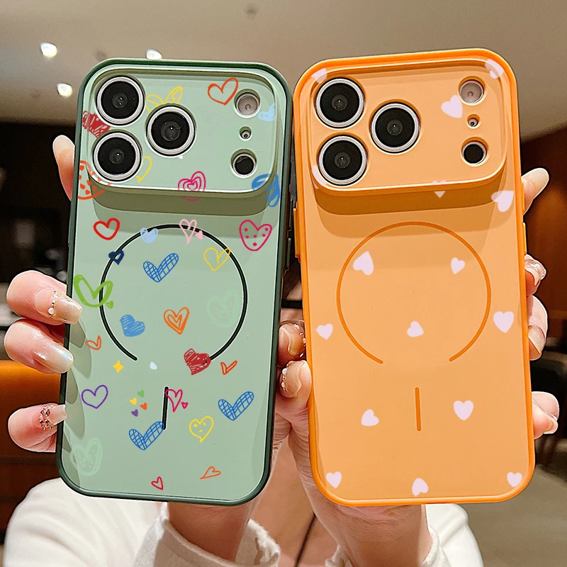 Magnetische Hülle mit kleinem Herzmuster für iPhone 17 16 15 14 13 Pro Max, kompatibel mit MagSafe, kabelloses Laden, Linsenschutz, harte Handyhülle