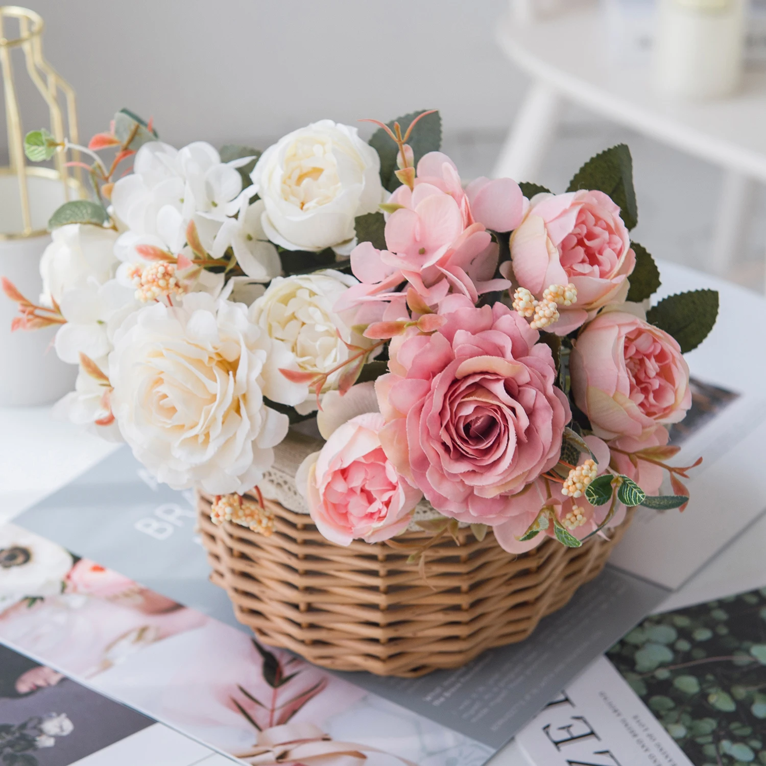 Künstliche Blumen Seide Hortensien Rose Pfingstrose Wohnzimmer Hause Vase Tisch Garten Hochzeit Brautstrauß Diy Urlaub Party Dekor