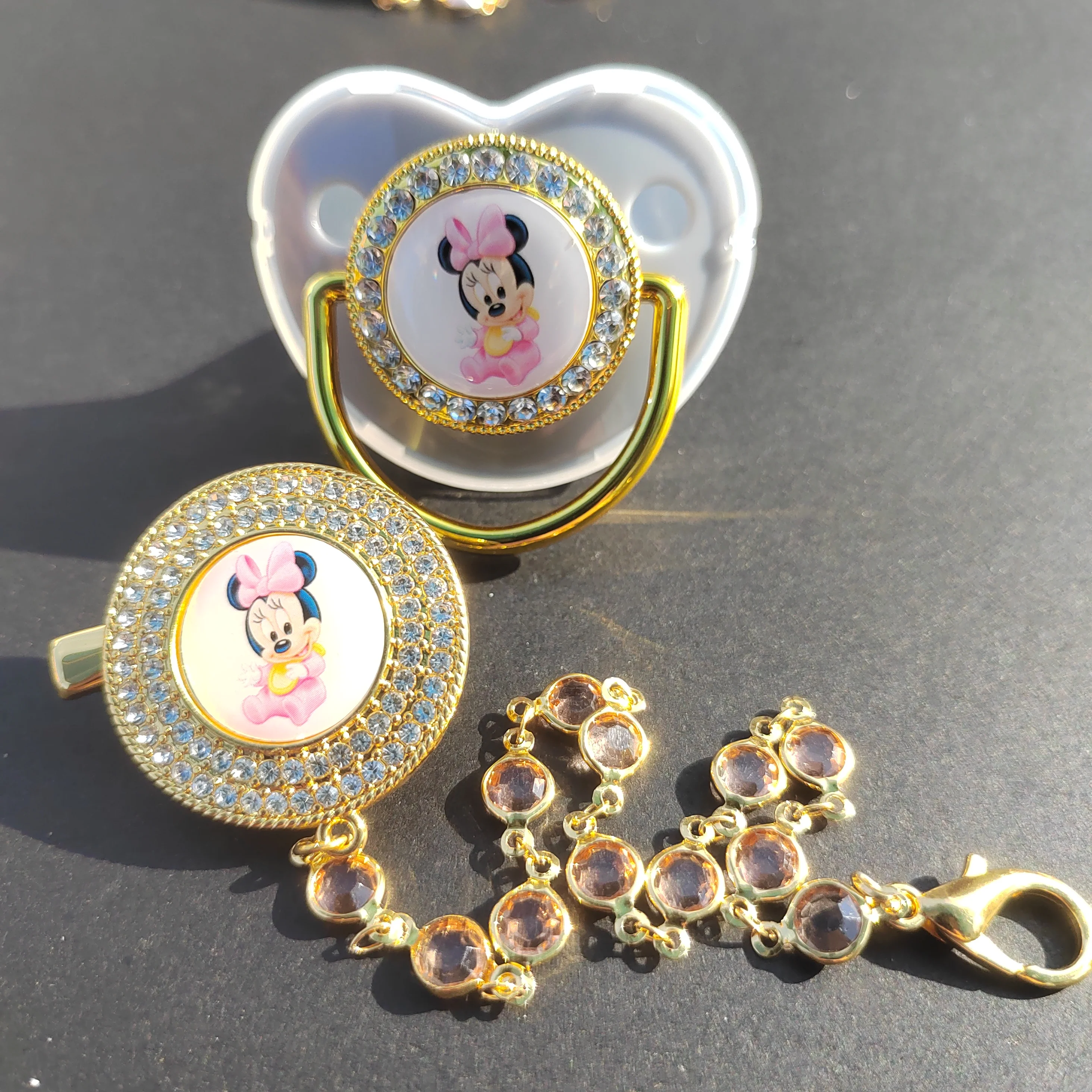 [High quality] Disney Mini Image Baby Pacifier with Chain Clip Newborn BPA Silicone Free Pacifier Shiny Rhinestone Baby teether