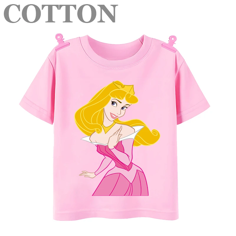 Beautiful  Aurora Disney Princess Anime Fashion Cotton Summer Children\'s Cartoon T-shirt Round Neck Short Sleeve Print Pattern