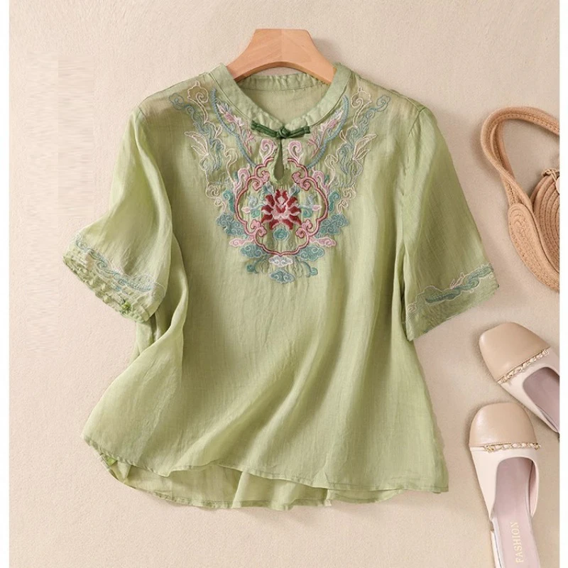 Women\'s Chinese Style Vintage Embroidery Blouse Stand Collar Hollow Cotton Linen Shirt Short Sleeve Loose Tops Blusas Para Mujer