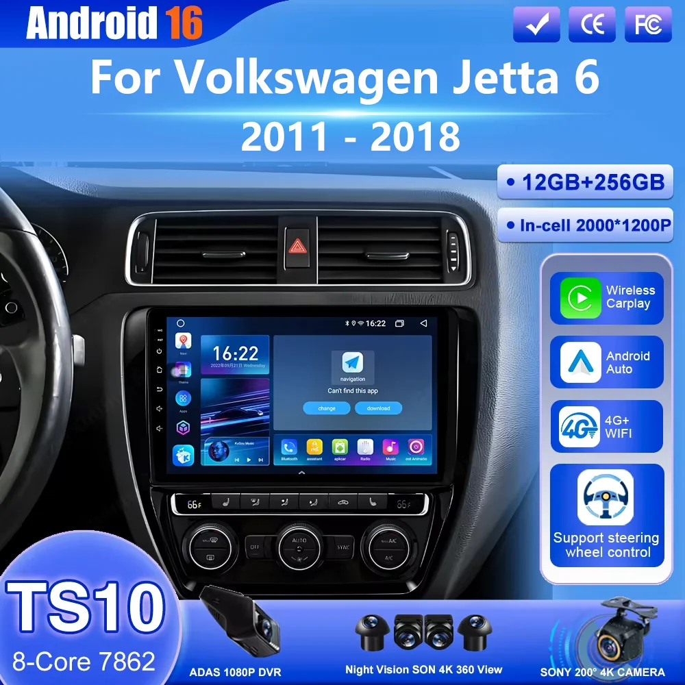 

Автомагнитола Android 16 для Volkswagen Jetta 6 2011-2018, беспроводной CarPlay, мультимедийный плеер, 4G, QLED, GPS-навигация, Bluetooth