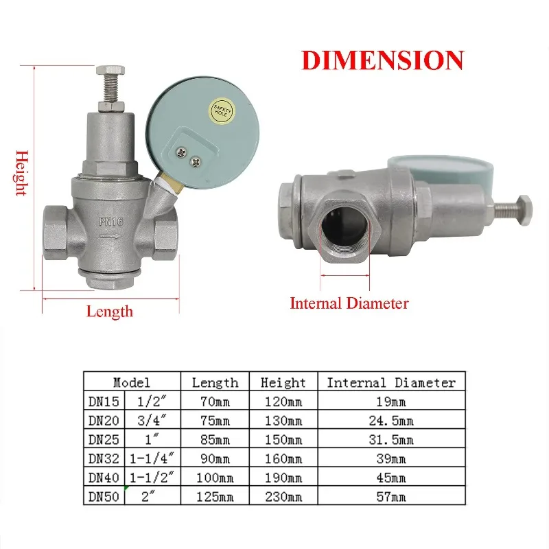 304 Stainless steel water pressure reducing valve with pressue gauge DN15-DN40 Water Pressure Regulator Relief Valves