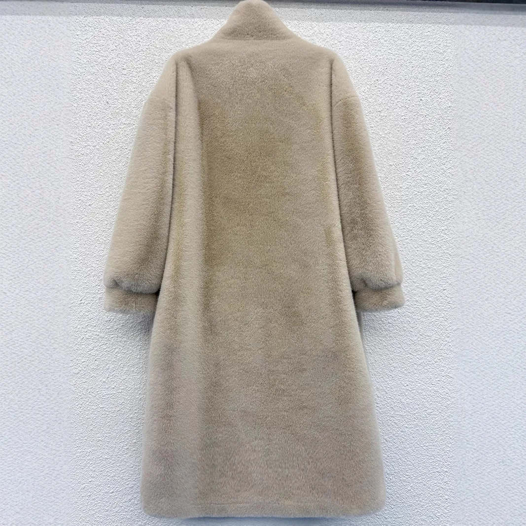 Women Faux Fur Coats Solid Long Overcoat Stand Collar Long Sleeve Single Breasted Loose Thick Elegant Casual 2025 Autumn Winter