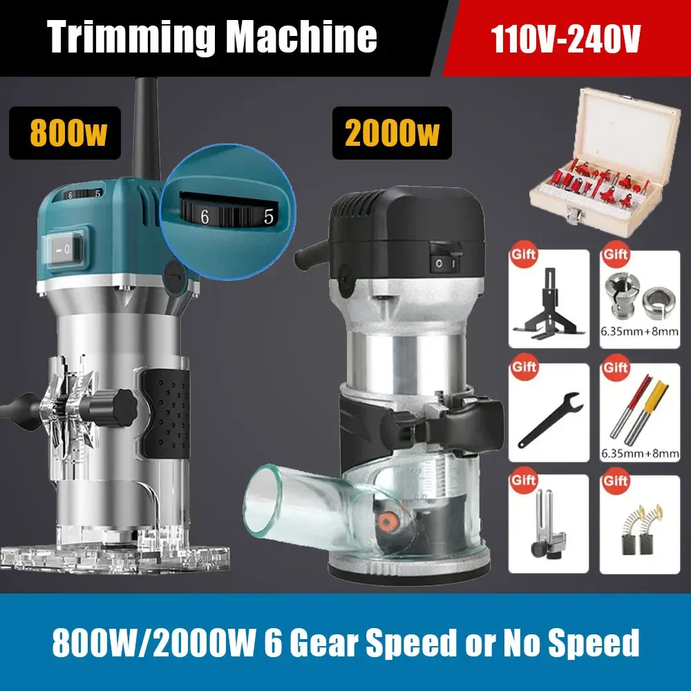 800-2000w Electric Trimmer Wood Router Woodworking Milling Engraving Slotting Laminate Trimming Machine Hand Carving Router Tool