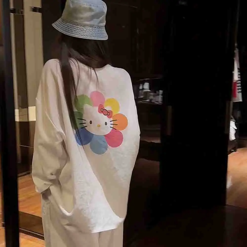 

Sanrio Hello Kitty Women's Printed Long Sleeve T-Shirt Korean Casual Loose Summer Sunscreen Wear Y2K Cute Fashion New Top Gift
