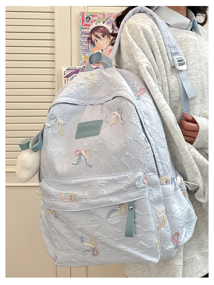 Colorful Bow Full Print Ruched Fabric Backpack Four Colors Available Large Capacity Girls Junior High High School School Bag
