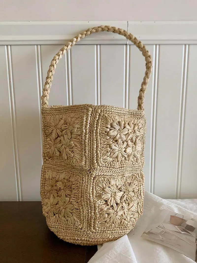 Handmade Raffia Straw Bucket Bags Women 2026 Flower Woven Shoulder Bag Boho Chic Beach Tote Bag Summer Holiday Travel Handbag