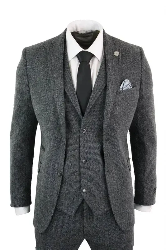 3 Piece Suits (Jacket+Vest+Pants) Gray Wool Tweed Winter Suit for Men Herringbone Slim Fit Formal Groom Tuxedo Wedding Male