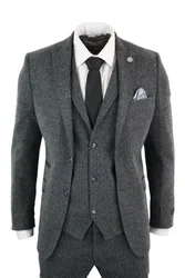 3 Piece Suits (Jacket+Vest+Pants) Gray Wool Tweed Winter Suit for Men Herringbone Slim Fit Formal Groom Tuxedo Wedding Male