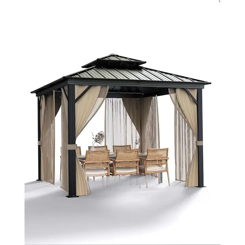 10x10ft Hardtop Gazebo Heavy Duty Double Roof with Mesh Shades Galvanized Steel Frame Modern Design Durable Outdoor Pavilion