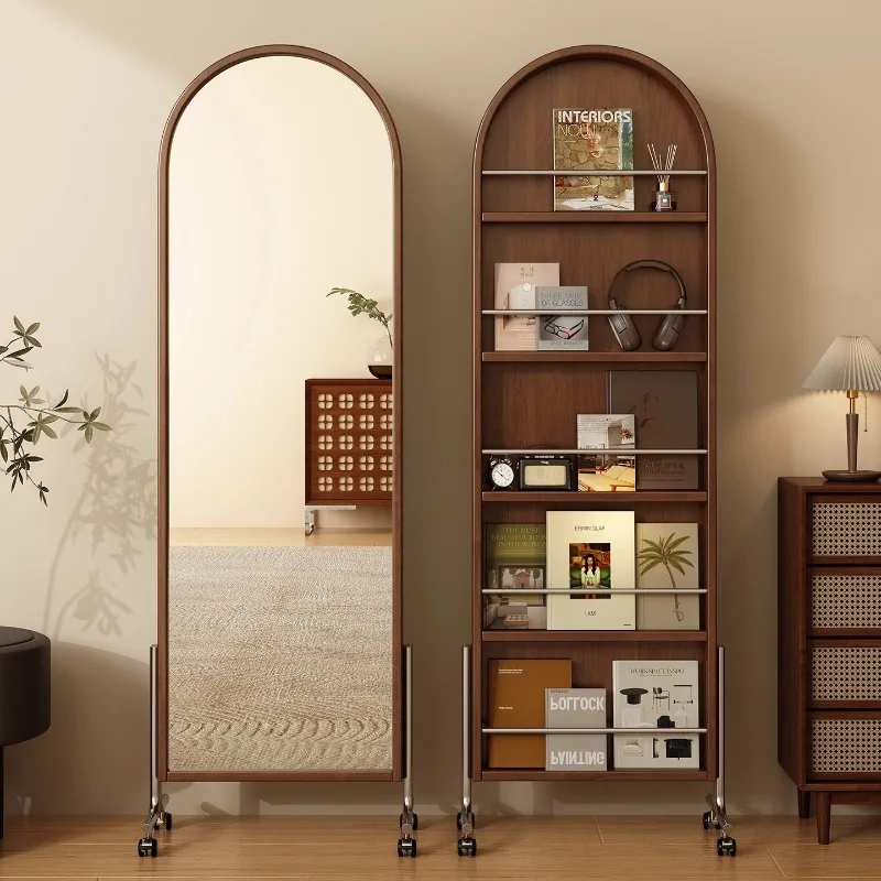 

Medieval Style All Solid Wood Movable Full-body Mirror, Household Magazine Bookshelf Storage Integrated Floor Rotating Full-