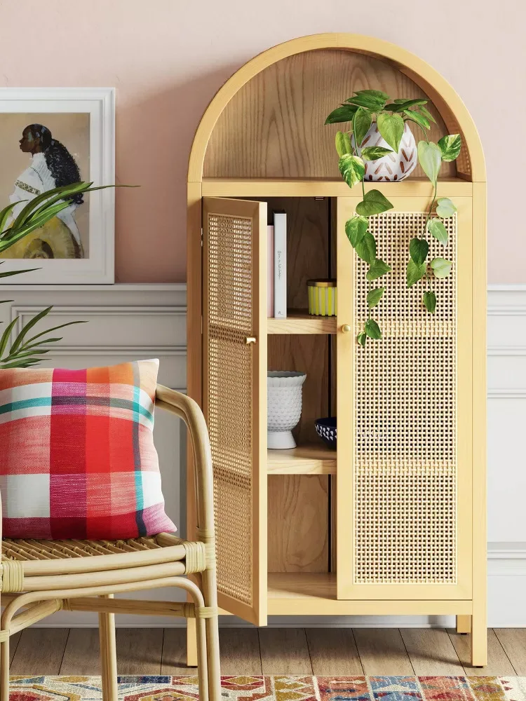 Customizable American light arched bookcase simple wabi sandy wind braided rattan double door storage French display cabinet