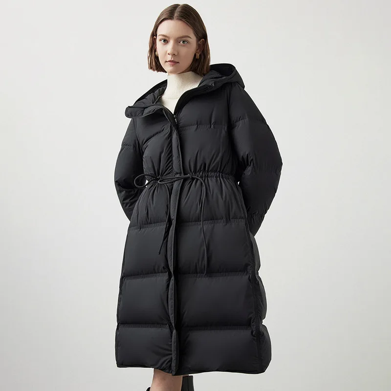 Winter Warm Coat Classic White Duck Down Jacket Fashion Hooded Medium-length Parka Waist Drawstring Slim Warm Women's Coat