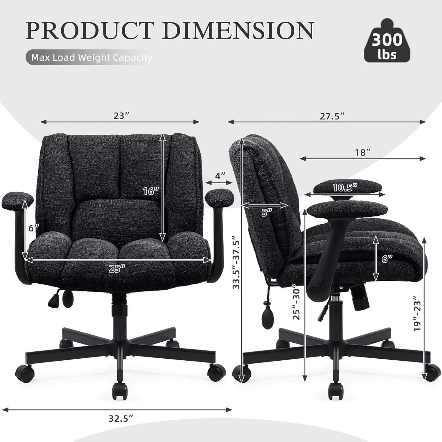 Criss Cross Bürostuhl mit hochklappbaren Armlehnen, schwarzer Schreibtischstuhl mit Lordosenstütze und Rollen für Heimbüro, Wohnung, Waschtisch