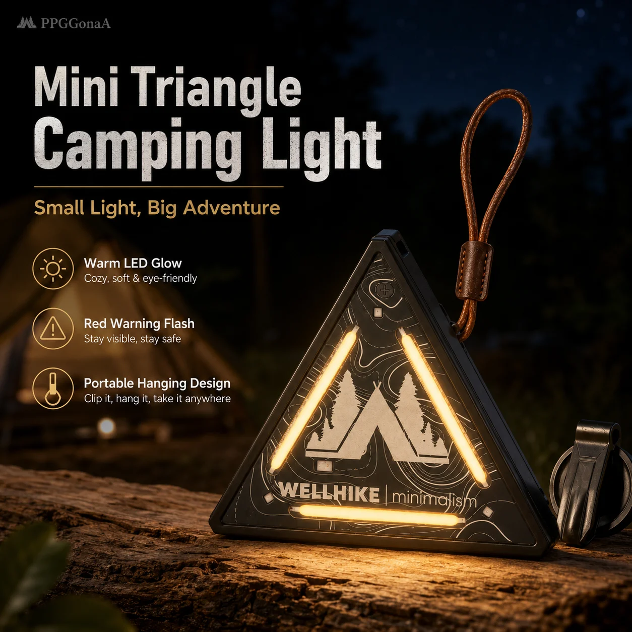 Rechargeable Triangle Camping Light Mini LED Tent Lantern Red Flash Warning Light Magnetic Clip USB-C for Hiking Outdoor
