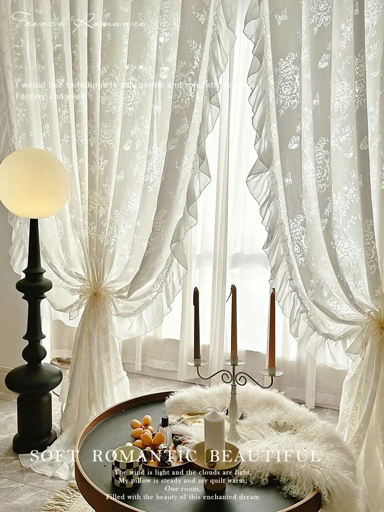 French Romantic White Butterfly Rose Gauze Curtains for Living Room Bedroom Bay Window Screen Partition Luxury Blackout Custom