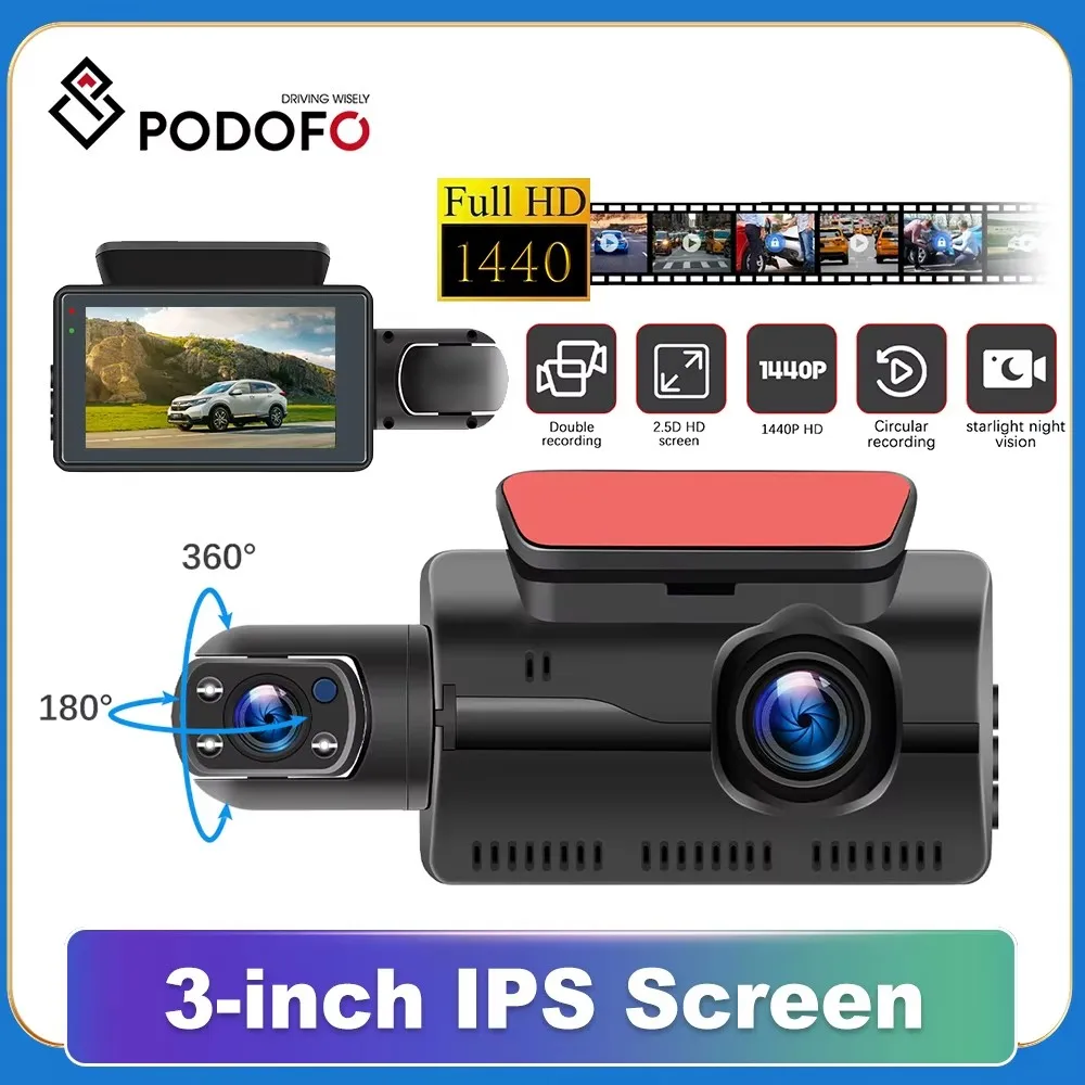 Podofo 3inch Car Driving Recorder Front & Interior Dual Lens Camera  Car Parking Reversing Night Vision 1400P Dash Cam GC1034