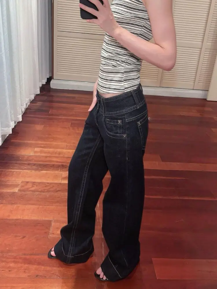 Jean Vintage américain taille basse à jambes larges pour femmes, pantalon ample drapé, grande longueur étendue, décontracté, jambes larges, printemps automne