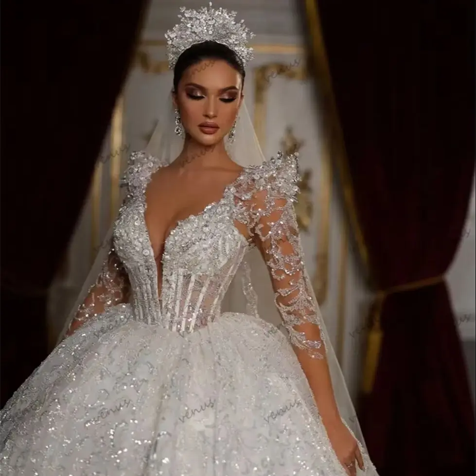 Sparkling Wedding Dresses A Line Bridal Gowns Sequin Appliques Sleeveless Robes свадебное платье Vestidos De Novia Customized