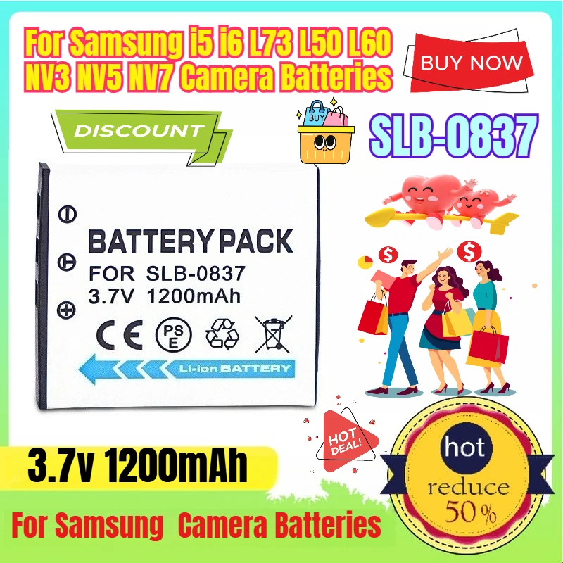 Аккумулятор SLB-0837 3,7 В, 1200 мАч для Samsung I5 I6 L73 L50 L60 NV3 NV5 NV7, аккумуляторы для камеры