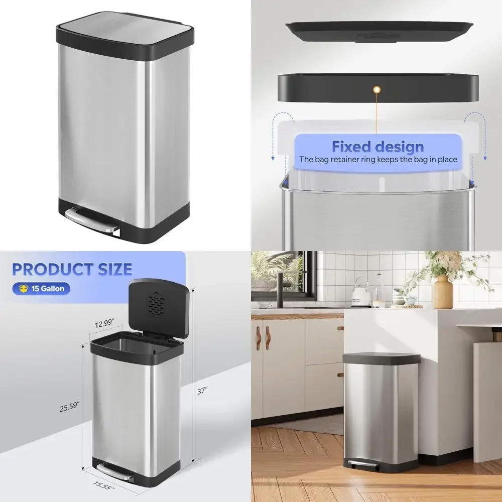 

WLIVE 55 Liter Gallon Trash Can with Soft-Close Lid, 14.5 Gallon Brushed Stainless Steel Garbage Can, Kitchen Trash Can with Han