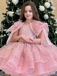 2024 New Elegant Girl's Evening Dress for Birthday Party with Sequin Big Bow and Fluffy Ballet Performance Girl's Princess Dress