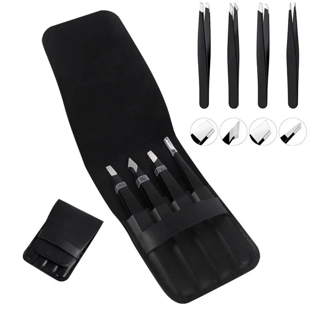 4Pcs/Set Premium Stainless Steel Eyebrow Tweezers Set Pointed Flat Top Ingrown Hair Removal Slanted Tip Professional