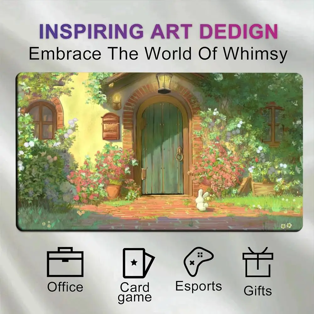 Fairy Tale Cottage Desk Pad Non Slip Rubber Mousepad Anime Garden House Colorful Blooming Plants Vines Cute White Rabbit Warm